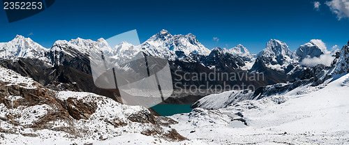 Image of Panoramic view of Himalaya summits: Everest, Lhotse, Nuptse