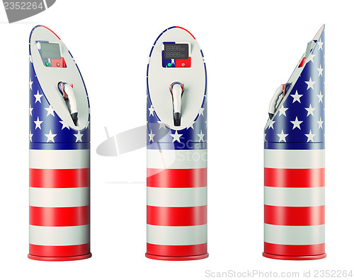 Image of Eco fuel: isolated charging stations with USA flag pattern 