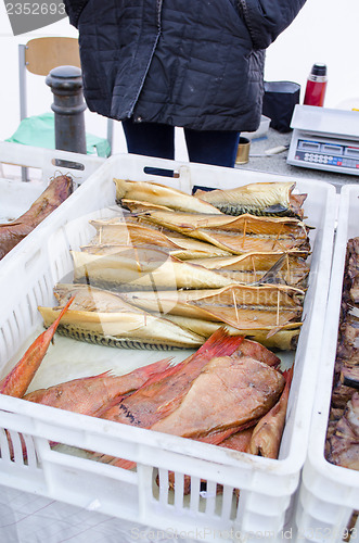 Image of fresh smoked ecologic organic fish  market fair 