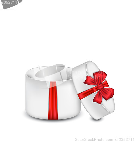 Image of Open gift box with red bow isolated on white background