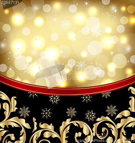 Image of Christmas ornamental golden background or holiday packing