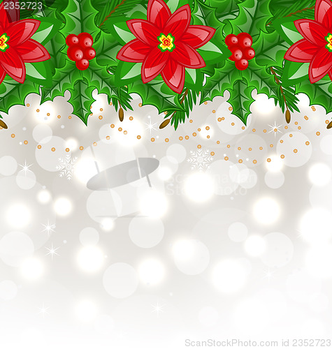 Image of Christmas glowing background with holly berry and poinsettia