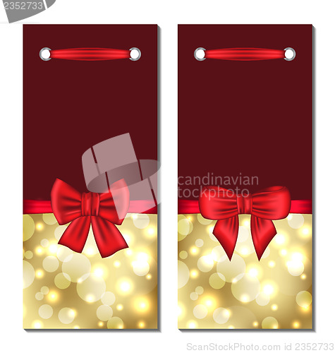 Image of Set holiday glowing cards with gift bows