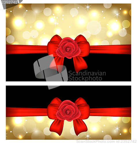 Image of Christmas glossy cards with gift bows and roses