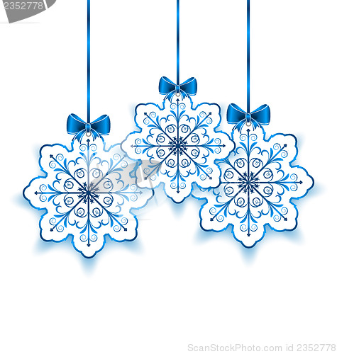 Image of Set Christmas paper snowflakes with bow isolated on white backgr