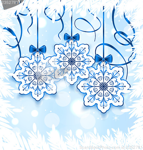 Image of Christmas snowflakes with bow, winter decoration
