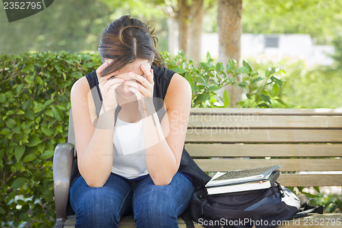 Image of Upset Young Woman Sitting Alone on Bench Next to Books