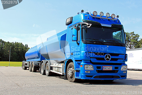 Image of Blue Mercedes Benz Truck and Trailer