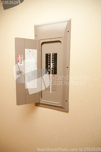 Image of indoor home open electrical breaker panel