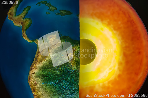 Image of Earth cut-away with visible iron core and all the geological lay