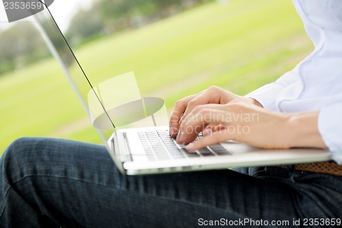 Image of woman with laptop in park