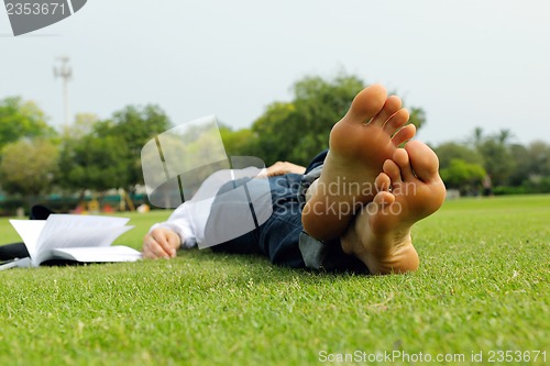 Image of Young woman reading a book in the park