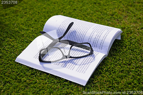 Image of Glasses on a book outside with grass