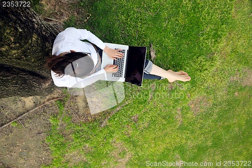 Image of woman with laptop in park
