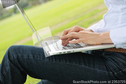 Image of woman with laptop in park