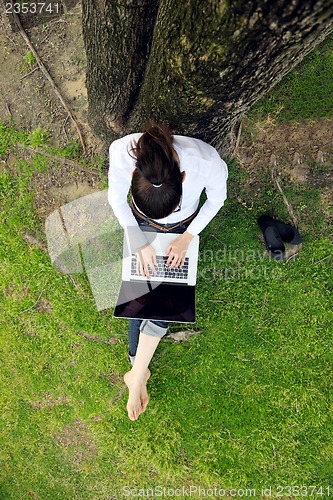 Image of woman with laptop in park