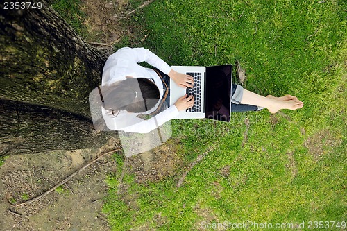 Image of woman with laptop in park
