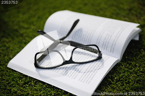 Image of Glasses on a book outside with grass