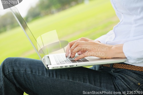 Image of woman with laptop in park