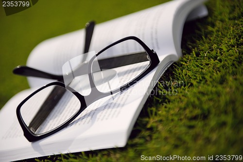 Image of Glasses on a book outside with grass