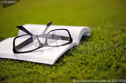 Image of Glasses on a book outside with grass