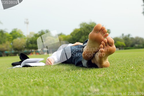 Image of Young woman reading a book in the park