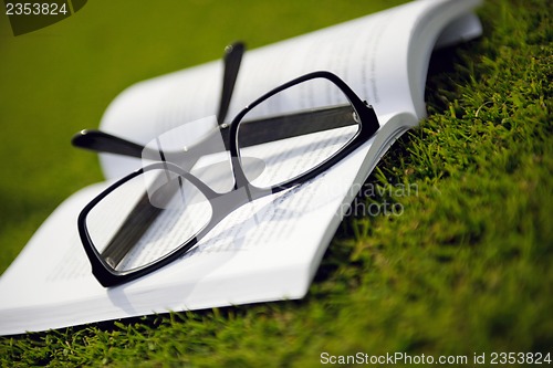 Image of Glasses on a book outside with grass