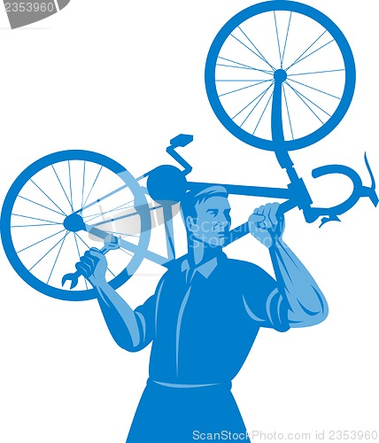 Image of cyclist mechanic holding spanner and carry bicycle