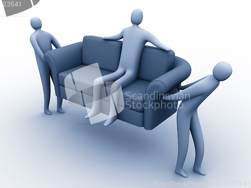Image of 3d people carrying another 3d person sitting on a sofa.