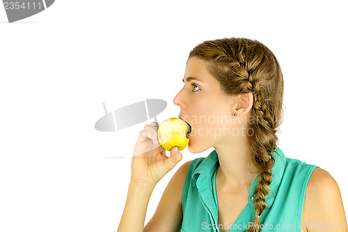 Image of Girl taking a bite of an apple.