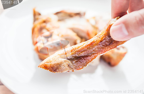 Image of Hand on grilled chicken leg