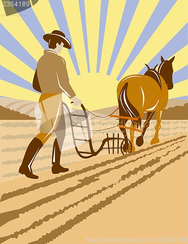 Image of farmer and horse plowing the farm