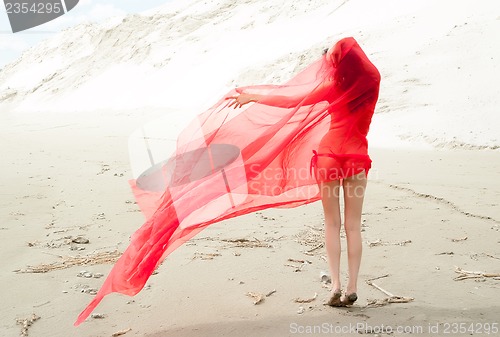 Image of Attractive naked girl on sand. Back view