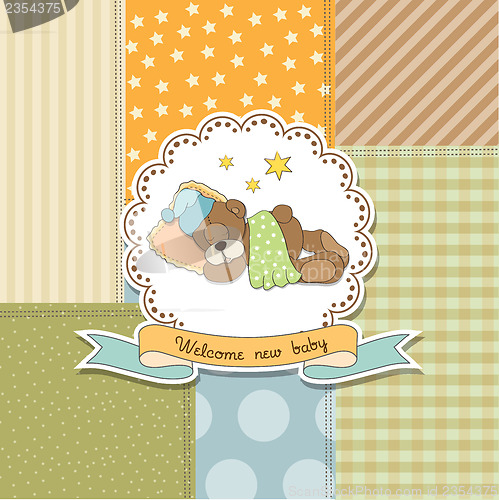 Image of baby shower card with teddy bear toy