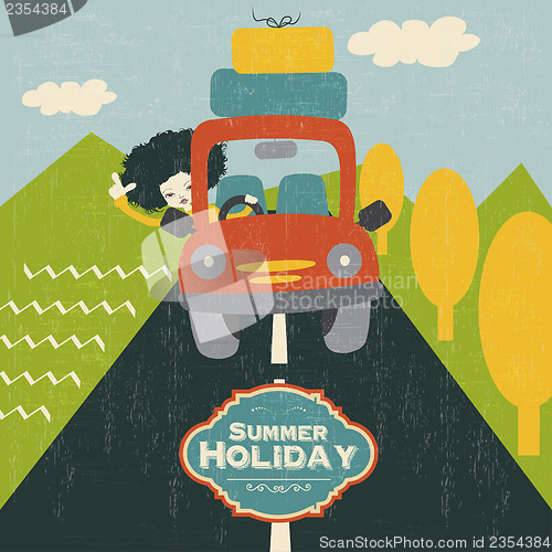 Image of retro woman traveling by car
