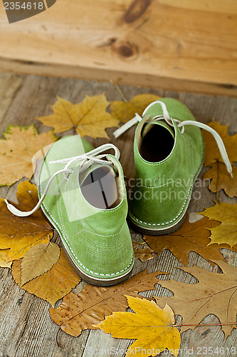 Image of pair of green leather boots and yellow leaves 