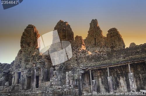 Image of Bayon temple at sunset in Angkor Cambodia