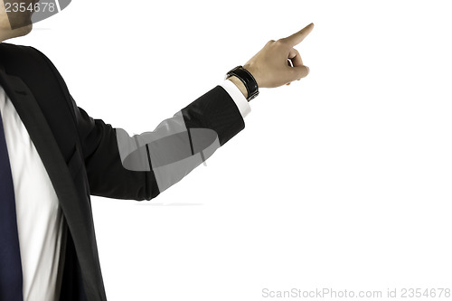 Image of Businessman pointing to the back