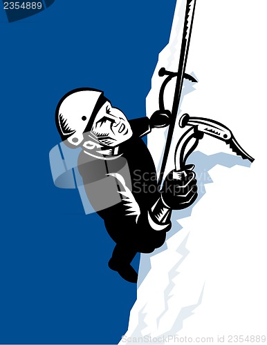 Image of male mountain climber climbing with pick ax 