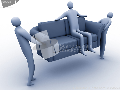 Image of 3d people carrying another 3d person sitting on a sofa.