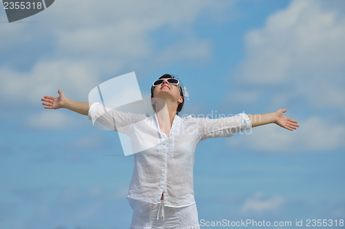 Image of happy woman enjoy  summer time