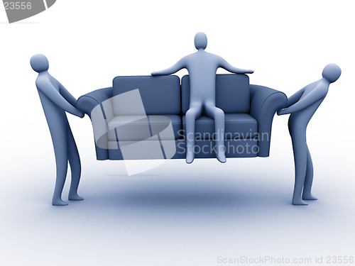 Image of 3d people carrying another 3d person sitting on a sofa.