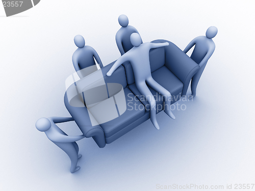 Image of 3d people carrying another 3d person sitting on a sofa.