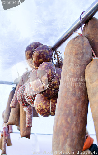 Image of fresh smoked organic meat sausage hang market fair 