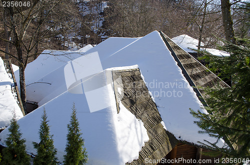 Image of old village houses roofs cover snow winter forest 