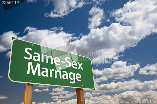 Image of Same-Sex Marriage Green Road Sign and Clouds