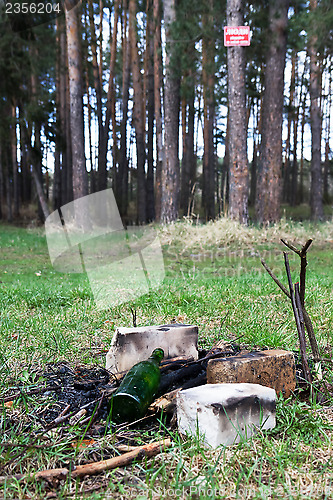 Image of debris and extinguished bonfire in the woods