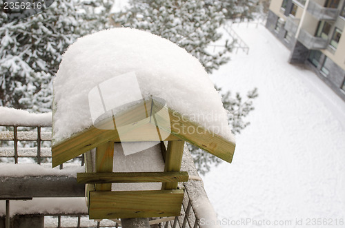 Image of snow covered roof nesting-box on the balcony edge  