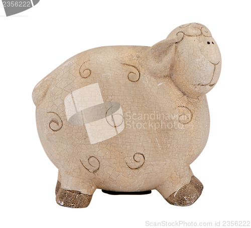 Image of cute clay sheep lamb piggybank money box on white 