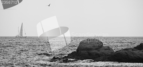 Image of sea, rocks, and a sailboat